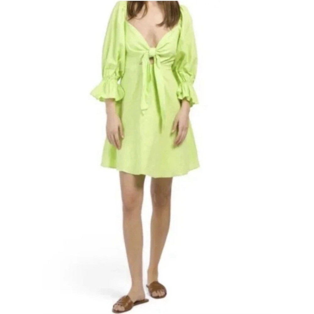 Charlie Holiday Linen Blend Sonny Tie Front Mini Dress 8 Lime Green Beachy